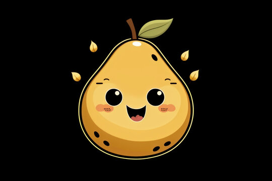 Kawaii pear on black background. Summer fruit concept. Cute funny apear mascot. Happy pear character. 