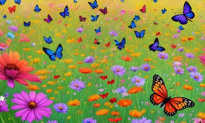 Colorful flower meadow in summer. Multicolored butterflies. crisp focus, digital drawing, Generative AI, Generative, AI