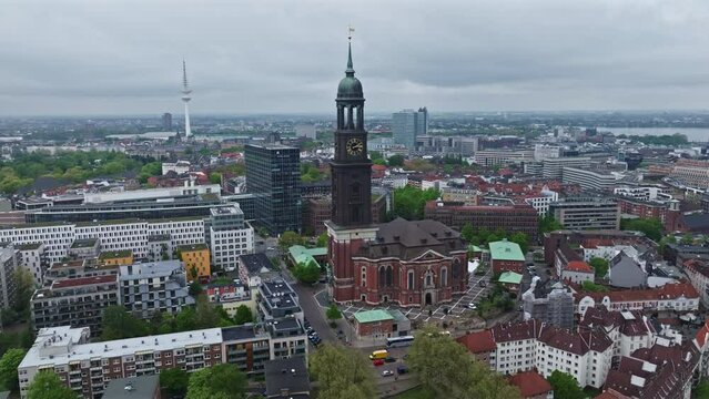 Drone shot of St. Michael's Church ( Hauptkirche St. Michaelis )  Hamburg , Germany . it is a landmark of the city and it is considered to be one of the finest Hanseatic Protestant baroque churches.