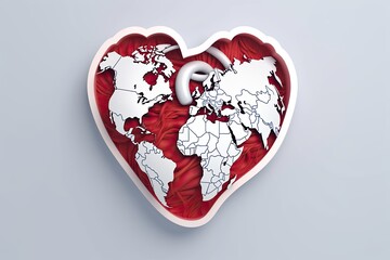 Red heart with white world map. Continents of planet earth. Environmental protection and world humanitarian day concept