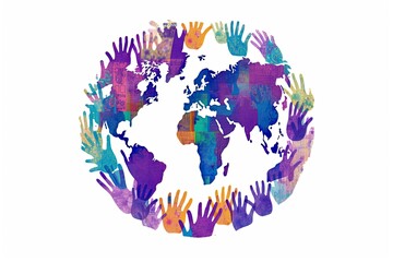 concept of world humanitarian day. Colorful planet earth surrounded by hands of ethnics variety against white background - obrazy, fototapety, plakaty