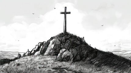 Handsketch drawing of cross on top of hill