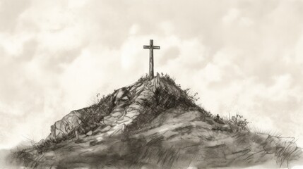 Handsketch drawing of cross on top of hill