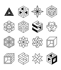 Set of geometric elements, impossible shapes isolated on white, line design, vector illustration.