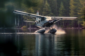 Illustration of a float plane on a remote wilderness lake.  Generative AI.