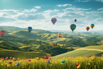 Illustration of note air balloons floating over a beautiful landscape. Generative AI. 