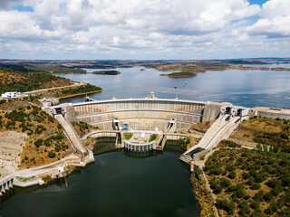 Aerial. View from the sky of the Alqueva dam on the river Guadiana.