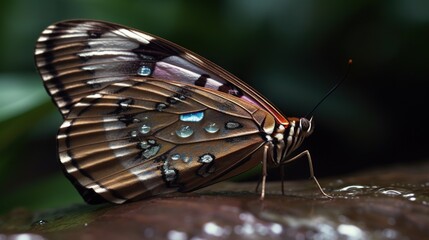 Plakat a close up of a butterfly with drops of water on it's wings. generative ai