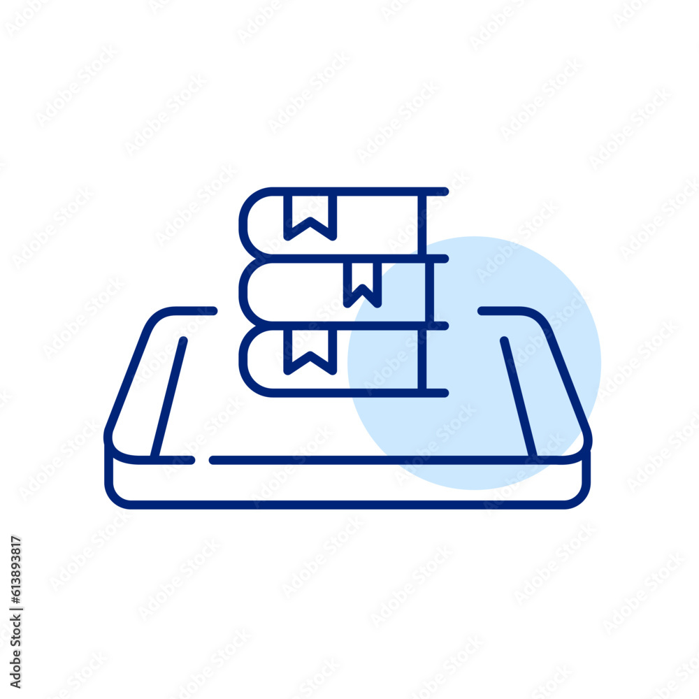 Poster digital library access. stack of books on isometric smartphone. pixel perfect, editable stroke simpl