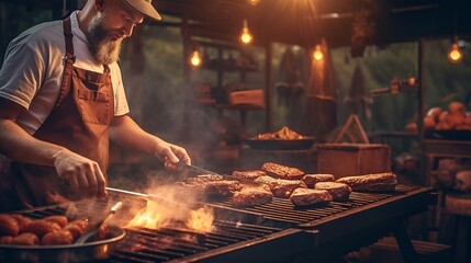 Skilled male BBQ grill master flipping burgers and basting ribs on a sizzling hot grill at a cookout - obrazy, fototapety, plakaty