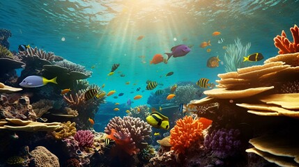 Fototapeta na wymiar Colorful Coral and Tropical Fish in Crystal Clear Waters