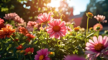 Fototapeta premium Closeup of Vibrant Flowers in a Sunlit Garden