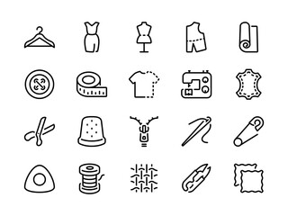 Sewing, tailoring, and fashion design related pixel perfect outline icons set vector illustration.