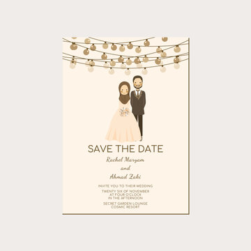 Muslim Couple Portrait Wedding Invitation - Walima Nikah Save The Date Template