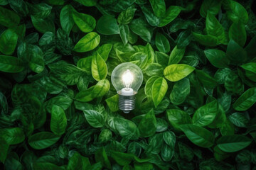 Eco friendly lightbulb with plants green background, Renewable and sustainable energy.