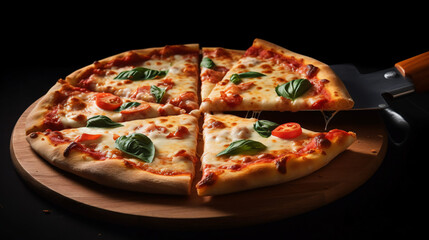Obraz na płótnie Canvas Savory Italian Pizza, Pizza Paradise, a delicious Italian pizza with a thin, crispy crust topped with fresh mozzarella, basil leaves, and juicy tomatoes, Red pepper flakes. ~ Generative AI