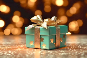 Mint gift box with golden bow on the background of bokeh effect. Generative AI
