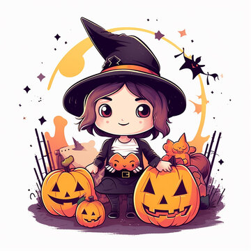 cute cartoon, cute halloween cartoon on halloween, happy halloween cartoon character, halloween greeting card, anime cartoon character
