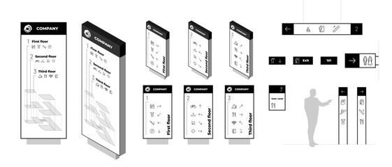 Wayfinding system signage mockup set. Exterior and interior way finding designs. Mall navigation mock up. Public place and commercial building information boards. Residential complex direction signs