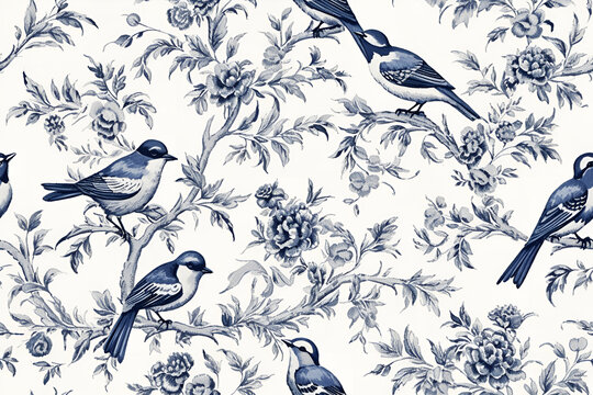 toile de jouy bird seamless pattern royal blue on white background


