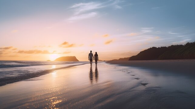 happy couple walking on lonely beach at twilight