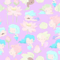 Seamless Pattern with Cute Mermaids and Funny Fish on Violet Background