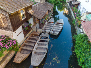 La Petite Venise or Little Venice in Colmar, Alsace, France. Morning time Aerial Drone Shot