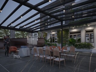 Luxury villa house and outdoor pergola, 3d rendering