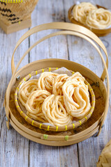 kerupuk ikan, fish crackers in bamboo basket