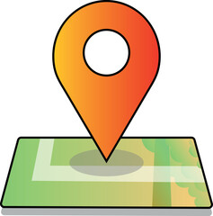 Geolocation label. Orange tag above a green map. Black outline and gray shadow below. Vector illustration.