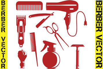 Fototapeta premium Vintage barber elements set, Vector monochrome collection barbershop tools, Barber shop elements for logo, labels and badges. Vintage barber hipster labels, Monochrome vintage barber shop elements 