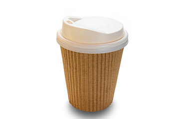 High angle view closeup of empty single brown corrugated paper coffee cup with white lid isolated on white background with clipping path.