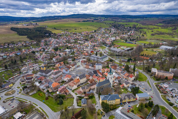 Aerial view around the old town center of the city Tachov in Czechia