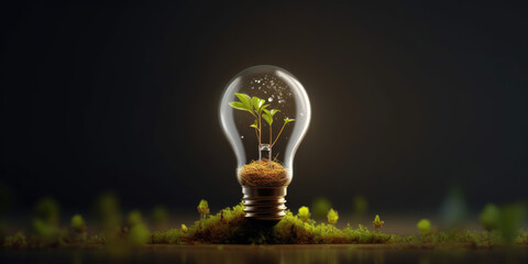 Eco friendly lightbulb with plants green background, Renewable and sustainable energy.