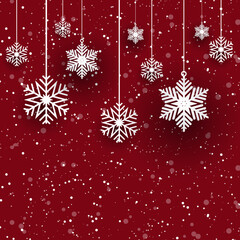 Christmas Red Background With Hanging White Snowflakes