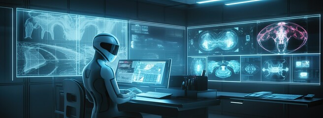A man working in front of a computer screen taking notes, medical diagnosis futuristic computer, futuristic robot style