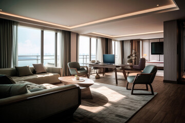 Premium Interior Design: Modern Minimalist Presidential Suite with Wood Accents