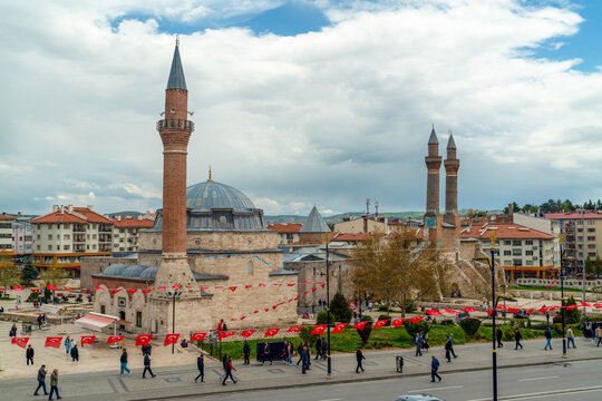 Sivas, Turkey - May 7 2023:   Panoramic city view with Double Minaret Madrasah and Kale mosque