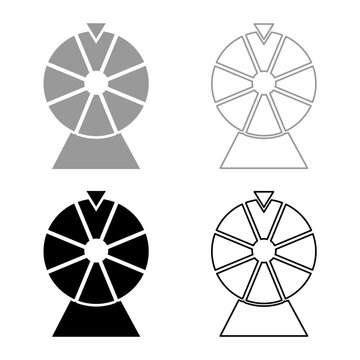 Fortune wheel drum lucky spin game casino gambling winner roulette set icon grey black color vector illustration image solid fill outline contour line thin flat style