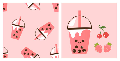 Seamless pattern with bubble milk green tea cups strawberry or cherry flavors on pink background vector illustration.