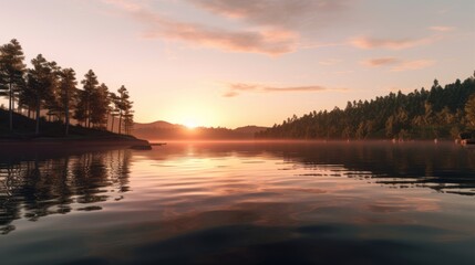 Fototapeta premium Capture the tranquility of a peaceful lakeside scene at sunset, with soft colors, gentle ripples in the water, and a sense of calm