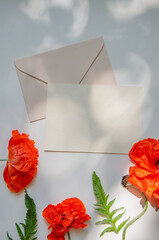 Red poppy flowers on white background with shadows. Mockup with white card and envelope. Flat lay, top view.