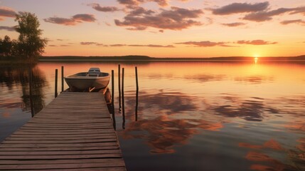 Naklejka na ściany i meble Capture the tranquility of a peaceful lakeside scene at sunset, with soft colors, gentle ripples in the water, and a sense of calm