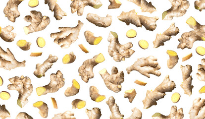 Cut out ginger. Pattern from fresh ginger root isolated on white background. With clipping path. Natural organic ginger for health, medicine protection against colds. Abstract background