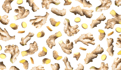 Cut out ginger. Pattern from fresh ginger root isolated on white background. With clipping path. Natural organic ginger for health, medicine protection against colds. Abstract background
