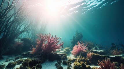 Fototapeta na wymiar the sun shines through the water over a coral reef. generative ai