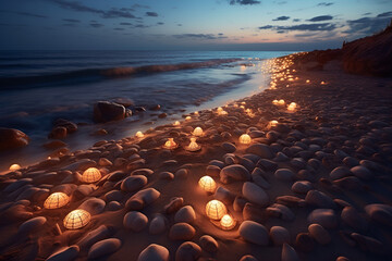 Obraz premium Small pebble-shaped lights in the middle of the shore pebbles against the background of the sea and the sunset