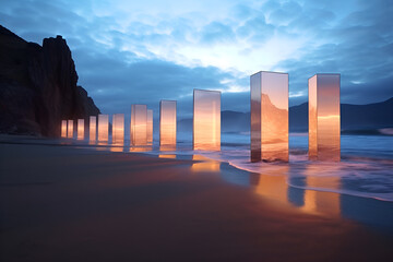 A row of glass columns reflecting the sunset along a rocky beach at dusk