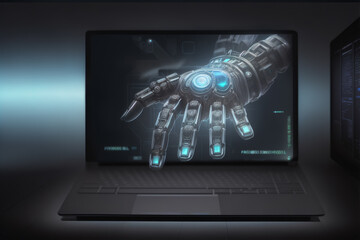 モニターの向こうから機械の手が伸びてくるイメージ　Image of a mechanical hand reaching out from behind a monitor. generative AI