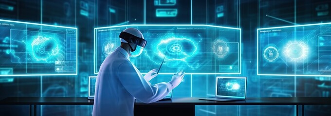 A medical scientist standing in front of a computer screen, medical technology and futuristic concept of digital medicine and network connection with futuristic device, virtual reality, hologram moder